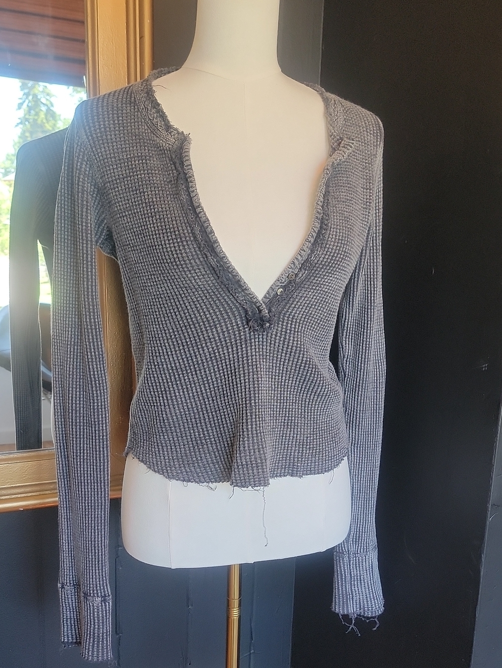 Washed Gray Waffle Knit Deep V Long Sleeve Top